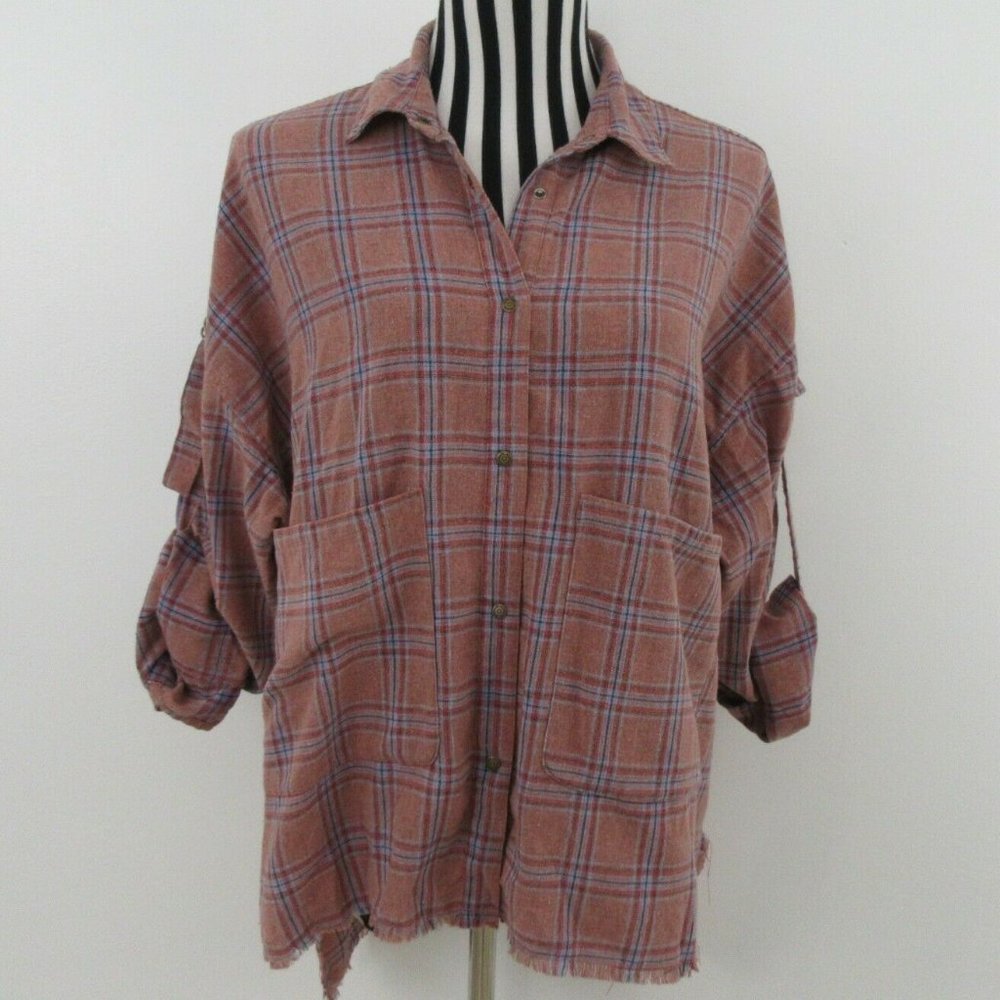 Umgee Plaid Button Down Shirt in Rust and Blue